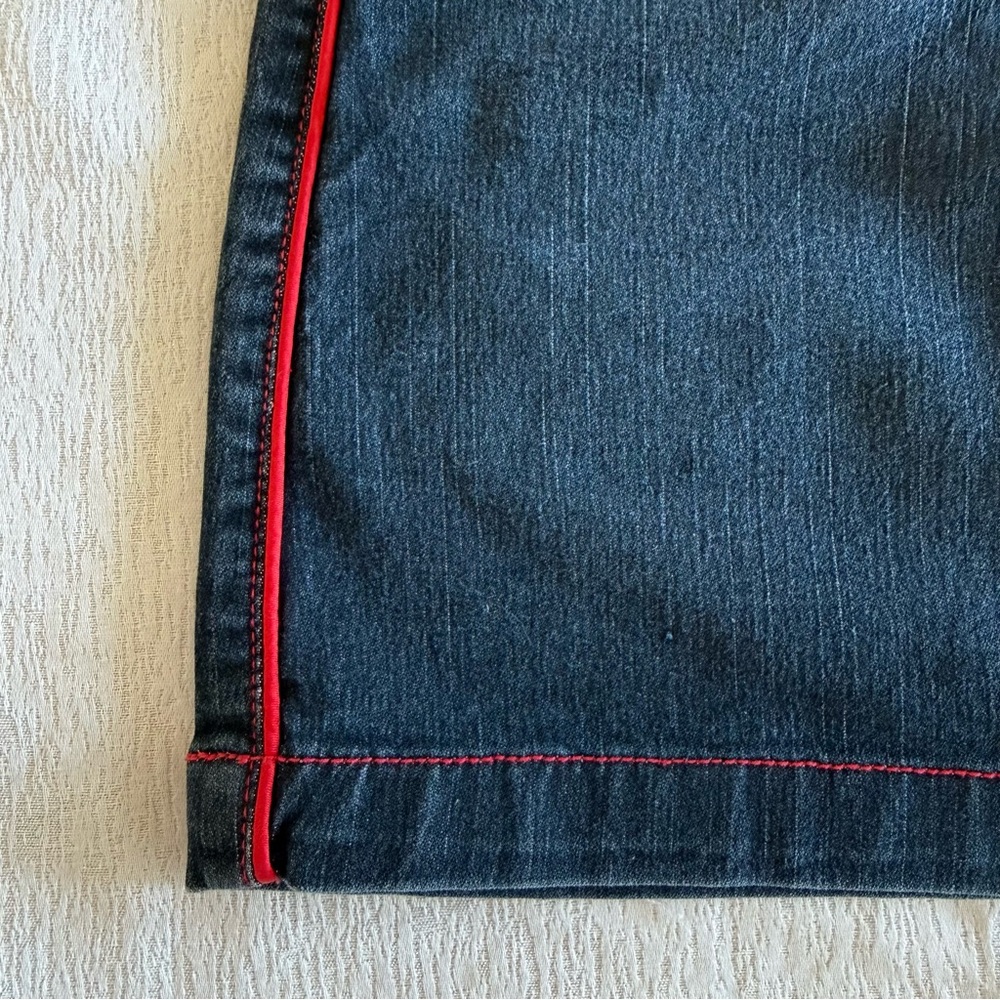 Womens Size 7/8 Dark Wash Denim Mini Skirt Red Stitch Low Rise - Picture 4 of 13